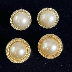 Vintage 2 Pair Earrings Faux Pearl Gold Tone Clip On Classic Dome Round